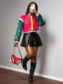 Slaydiva 2025 秋冬新品 音乐节、毕业、学生装、日常休闲、基础百搭、街头风、酷女孩、校队风、字母图案、短款长袖、PU 袖拼接、撞色块女式运动衫夹克 - 彩色 - 查看 3