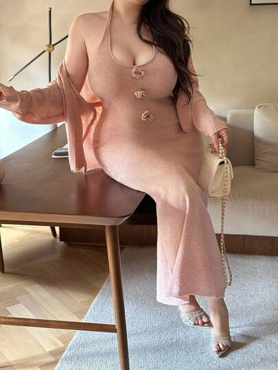 Flirla 2件套：性感手工钩编花卉长袖开衫和连衣裙，秋冬