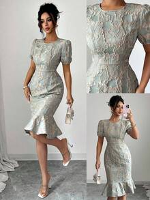 SHEIN Tall Round Neck Short Sleeve Textured Pea Green Embroidered Waist Cinching Bodycon Fish Tail Ruffle Hem Mini Dress, Bubble Sleeves, Elegant French Style For Work, Romantic Occasions