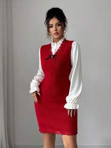 Elenzga Women's Solid Color Elegant Knit Sweater Dress - Red - View 5
