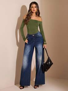 SHEIN BAE 1pc Women's Solid Black Off Shoulder Long Sleeve Backless Bodysuit, Elegant Bodysuit, Autumn/Winter Layering Bodysuit