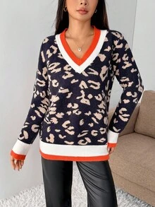 EMERY ROSE Áo len họa tiết da báo cổ chữ V phối màu đơn giản dành cho nữ, Thu/Đông - Xanh đậm - Xem 6