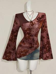 SHEIN ICON Áo thun nữ tay loe họa tiết hoa chéo jacquard dệt kim màu xanh lá cây cổ điển thời trang - Màu Đỏ Sâu - Xem 6