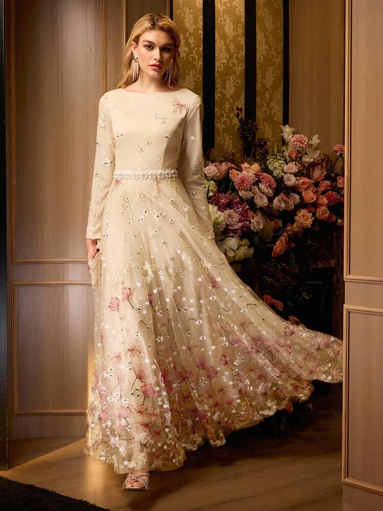 MOTF Soiréza VESTIDO LÍNEA A DE MANGA LARGA CON BORDADO DE MALLA PARA MUJER