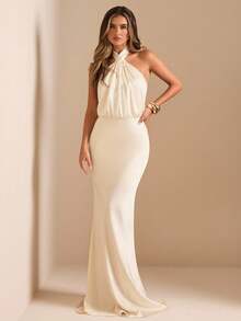 SHEIN BAE Autumn/Winter Solid Apricot Twist Halter Backless Fitted Maxi Elegant Mermaid Dress, Suitable For Party, Cocktail, Formal Occasion, Bridesmaid, Birthday Mini Dress, Business Casual, Backless Satin Graceful Extra Long Dress, Wedding Guest Attire, Wedding Bridesmaid Short Satin Gown, Cocktail Party, Graceful Dress