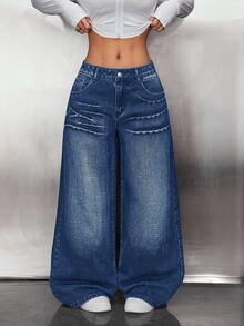 SHEIN PETITE 女式 Y2K 休闲时尚街头水钻十字图案宽松阔腿牛仔裤 - 深色水洗藍 - 查看 5