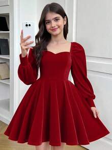 SHEIN Tween Girl Casual Minimalist Comfortable Puff Sleeve A-Line Waist Cinched Dress - Red - View 2