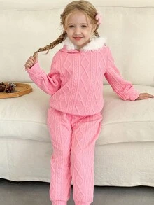 SHEIN LMoss Kids 2件套少女纯色连帽人造毛皮装饰休闲运动衫和紧身裤套装 - 粉色 - 查看 1