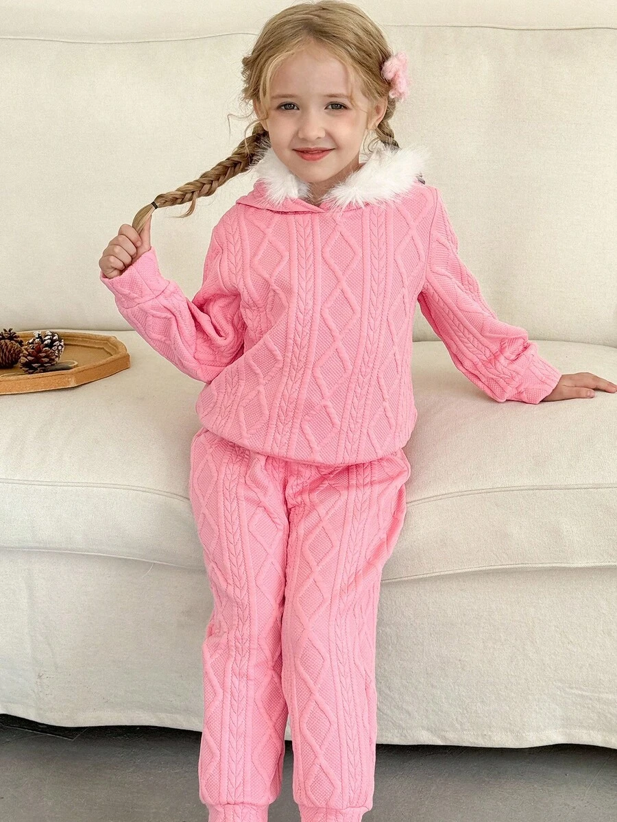 SHEIN LMoss Kids 2件套少女纯色连帽人造毛皮装饰休闲运动衫和紧身裤套装 - 粉色 - 查看 1