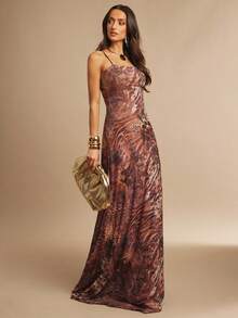 Silquee Vestido evasé sin mangas con estampado de leopardo y superposición de malla, adecuado para citas románticas, fiestas, San Valentín, festivales de música - Multicolor - Ver 5