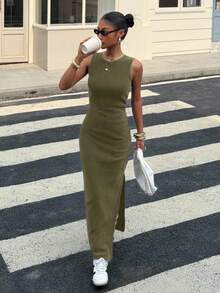 Muchica Women's Casual Everyday Commute Solid Color High Slit Hem Bodycon Sleeveless Dress, Summer - Army Green - View 4