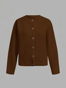 SHEIN BASICS 休闲简约咖啡色女士开衫，适合秋冬 - 棕色 - 查看 6