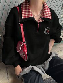 FRIFUL Women's Regular Collar Loose Plaid Fabric Patchwork Front Cute Animal Decor Collegiate Style Fleece Thick Sweatshirt, Autumn Kawaii Shirt Dark Academia Clothes Korean Fashion Anime Clothes Aesthetic Clothes,Winter