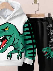 SHEIN 2 Stücke/Set Jungen lässige, lockere Cartoon-Tier, Dinosaurier, Landschaft, 3D, Graffiti Oversized Grafik Hoodie Sweatshirt Set, bequem für Herbst/Winter