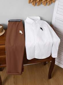 SHEIN 2pcs Kids/Tween Boys' Casual Everyday Printed Pattern Collared Open Front Loose Long Sleeve Solid Shirt And Straight Loose Pants Set, Suitable For School, Garden, Beach, Birthday, Spring, Summer, Autumn, Winter Fall - Brown - View 5