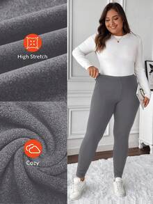 SHEIN LUNE Quần legging giữ nhiệt lót nỉ màu trơn cỡ lớn cho nữ Quần legging ôm vừa vặn Quần legging giữ ấm Quần legging cho nữ Quần legging ấm áp Quần legging lót nỉ Quần legging giữ nhiệt/Quần legging ôm mùa đông - Màu xám đen - Xem 3