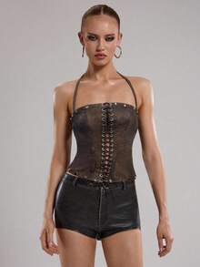 SHEIN BAE Summer Road Party Club Queue Music Festival Concert Fashionable Street Wear Sexy Brown Solid Color Vintage Washed Faux Leather Metal Criss-Cross Halter Neck Top For Women,Brown Top