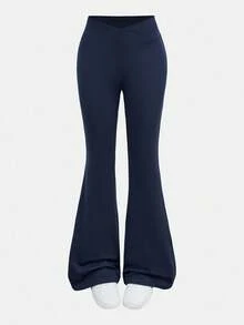 Girlism 2pcs/Set Teen Girls' Basic Mid-Calf Flare Leggings, Black & Navy Blue Waist Criss-Cross Design Skinny Casual Flare Pants Set Bell Bottom Pants Pants Flare Leg Flare Pants Teen Girls Girls Sports Knit Flared Pants Flared Leggings - Navy Blue - View 4