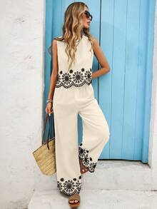 Vivid Eden 女士优雅棉质刺绣吊带背心和裤子两件套 - 白色 - 查看 7