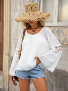 Brillora Hollow Out Bell Sleeve Round Neck Women's Blouse