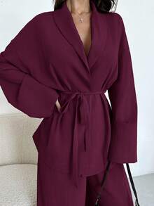 Firerie Chaqueta y pantalones holgados de mujer elegantes y casuales para vacaciones, oficina y uso diario con cuello vuelto, cintura con lazo. Adecuado para otoño y verano