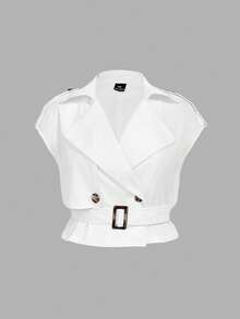 SHEIN MOD Conjunto de 2 piezas de chaleco sin mangas blanco elegante y versátil de lino con cinturón y pantalones de pierna ancha de cintura alta