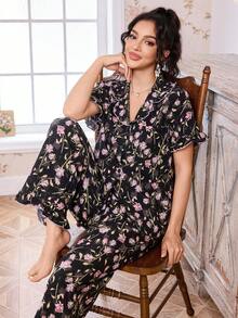 CottageSlumber Ruffled Collar Open Front Floral Print Short Sleeve Pajama Set For Women - Multicolor - View 6