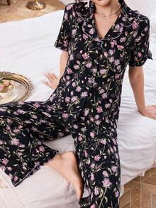 CottageSlumber Ruffled Collar Open Front Floral Print Short Sleeve Pajama Set For Women - Multicolor - View 7