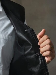 AXEPEAK 时尚百搭男士 PU 皮背心，秋冬 - 黑色 - 查看 8