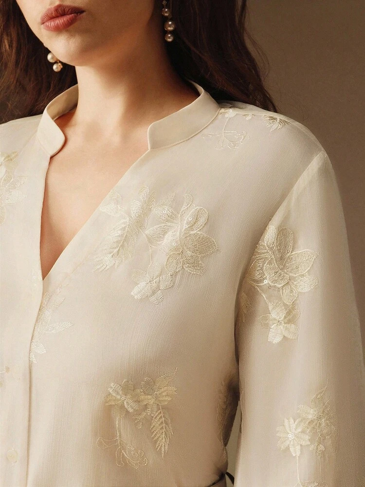 French Elegant Stand Collar Design Embroidered Plus Size Women Blouse, Business Casual Office