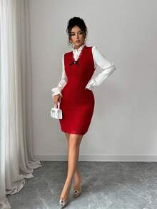Elenzga Women's Solid Color Elegant Knit Sweater Dress - Red - View 3