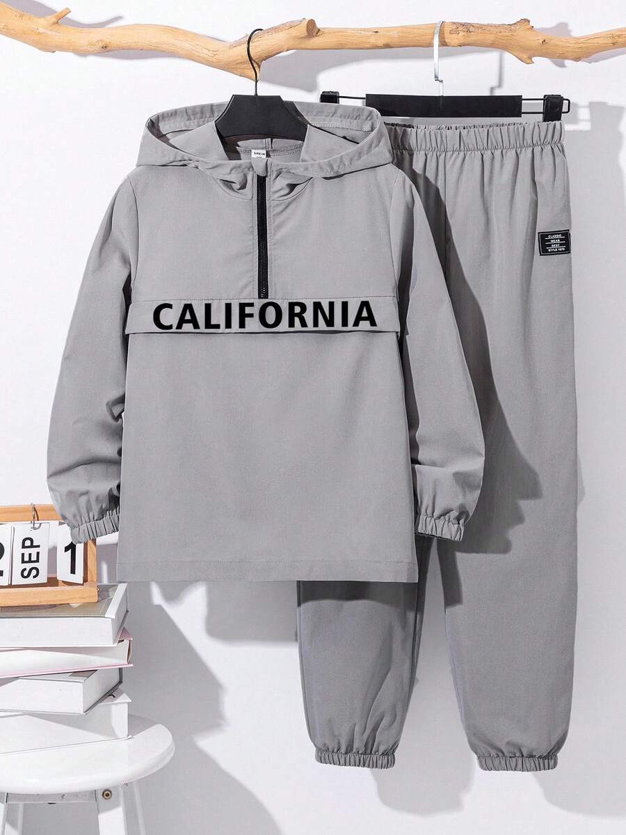 SHEIN 2 件套青少年男孩半拉链连帽夹克和慢跑裤,秋冬休闲运动风格 - 灰色 - 查看 1