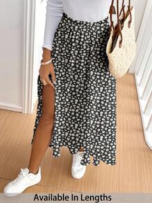 SHEIN Tall CURVE 大码女式休闲雏菊碎花高开叉喇叭下摆半身裙，适合夏季度假海滩度假装，适合外出 - 黑色 - 查看 1