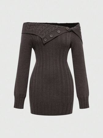 Kawaii Y2K Stil Off-Shoulder geripptes Strick Bodycon Kleid