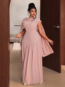 Maweii Plus Size Women Solid Color Pleated Button Design Elegant Dress - Khaki - View 6