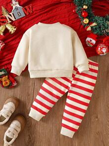 SHEIN Playful Pals 2pcs/Set Baby Boy Christmas Themed Sweatshirt With Applique Embroidery & Striped Allover Print Sweatpants, Suitable For Autumn/Winter Daily Wear, Outings, Parties/Christmas Clothes Outfit Fall
