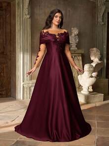 Aureia Plus Size Elegant Luxurious Embroidered Lace Applique Sheer Long Sleeve Off Shoulder Stretch Satin Maxi A-Line Dress, Suitable For Weddings, Parties, Vacations, Balls, Evening Gowns (Heavy Embellishment), Valentine's Day - Burgundy - View 5