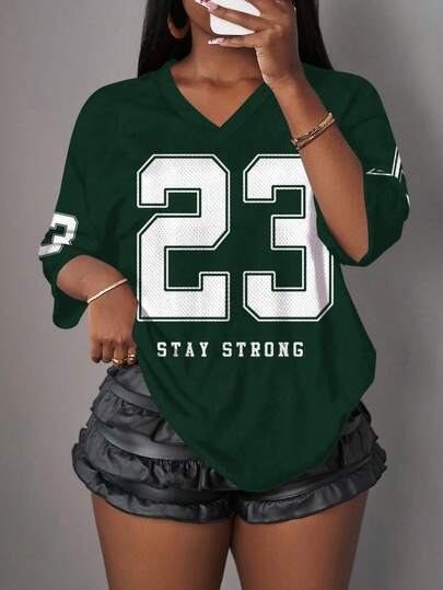 Slaydiva Casual Minimalist 23 Letter & Number Graphic Women T-Shirt, Suitable For Summer