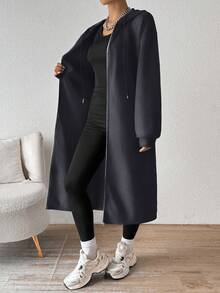 SHEIN EZwear 女士中长款灰色连帽外套，带保暖内衬，秋冬新款长款开衫长外套，秋季简约女装，舒适秋冬女装 - 深灰色 - 查看 7