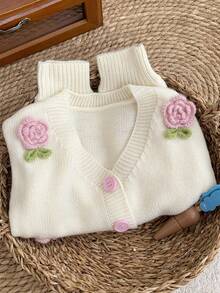 LMoss Kids Cardigan casual tricotat cu flori 3D pentru bebeluși și fetițe - alb - Vizualizare 3