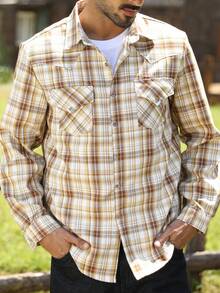 Manfinity Nomadique 男士格子单排扣工装口袋休闲长袖衬衫，秋季 - 卡其色 - 查看 1