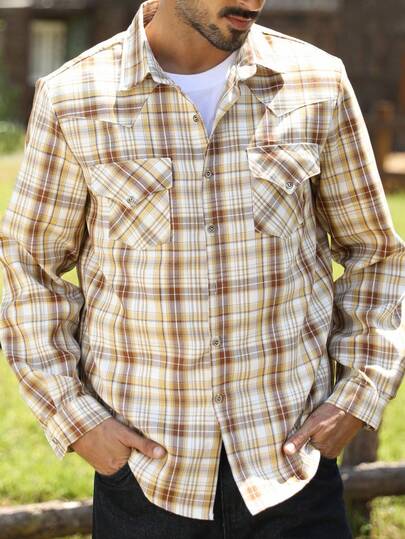 Manfinity Nomadique Men's Plaid Single-Breasted Cargo Pocket Casual Long Sleeve Shirt, Autumn, For Fall