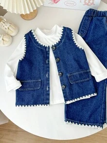 Genkimix Kids 3件套女童韩版简约高领白T恤、牛仔背心和宽松牛仔裤套装，秋季两件套牛仔套装，牛仔搭配套装，小女孩牛仔套装，儿童牛仔套装，秋冬童装 - 藍色 - 查看 3