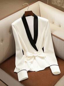 GlowEve Women's Color Block Batwing Sleeve Waist Tie Elegant Thin Jacket Fall Winter Cloth For Women - Black and White - View 1