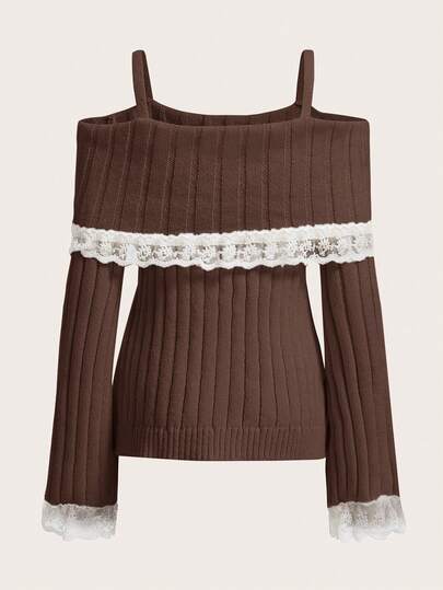 Kawaii Débardeur en tricot avec garniture en dentelle, mode décontractée pour femmes