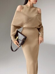 Heiryn Women's Solid Color Off-Shoulder Long Sleeve Fitted Elegant Knit Dress, Autumn