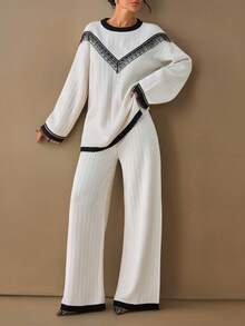 EURMUSE Conjunto casual de suéter de manga larga con hombros caídos y volantes de encaje en contraste, y pantalones de punto - Blanco - Ver 5