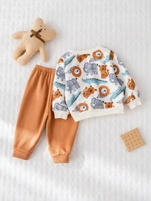 Cozy Pixies 2 件套男婴卡通动物印花针织柔软圆领长袖套头衫和松紧腰裤套装 - 棕色 - 查看 2