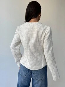 Firerie Women's Elegant White Tweed Short Jacket,Autumn Office V-Neck Metal Buckle Asymmetric Hem Long Sleeve Elegant Minimalist Commuter Urban Chic Casual - White - View 10