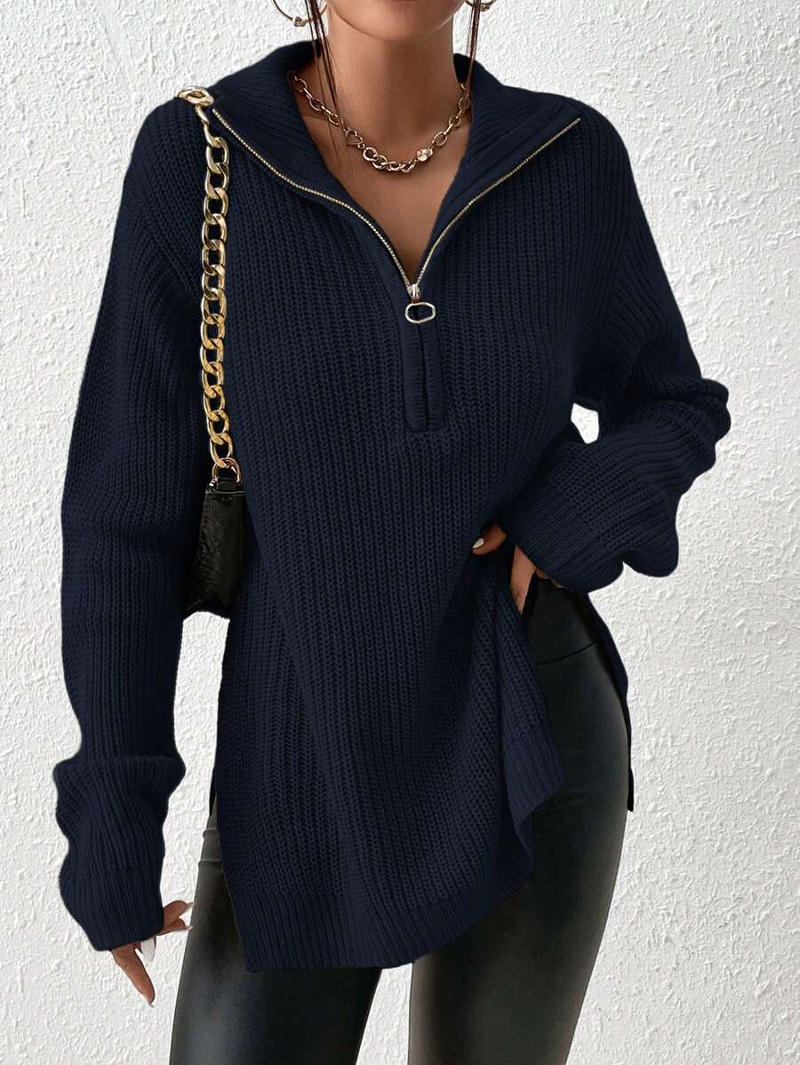 SHEIN Frenchy 半拉链落肩纹毛衣女士秋冬装 - 寶藍色 - 查看 1